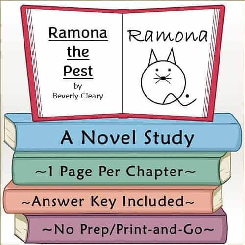Homeschool Resource Co. Book Cover Educational book cover for 'Ramona the Pest' by Beverly Cleary, featuring a cartoon cat illustration and colorful stacked books for homeschooling.