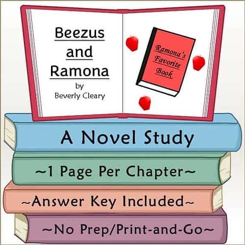 Educational image of a homeschool literature study guide for Beezus and Ramona by Beverly Cleary, featuring a colorful book stack and a reading theme.