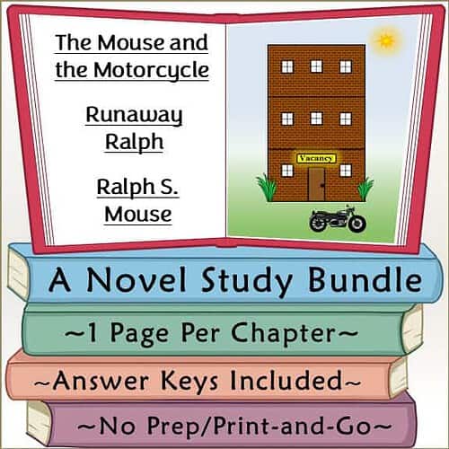 Book cover for 'The Mouse and the Motorcycle' by Ralph S. Mouse, featuring a brick building with a motorcycle outside and a yellow vacancy sign.