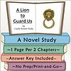 Slide2 Open book titled 'A Lion to Guard Us' by Clyde Robert Bulla with a lion's head ring illustration, promoting a homeschool novel study resource.