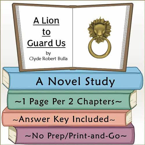 Slide2 Open book titled 'A Lion to Guard Us' by Clyde Robert Bulla with a lion's head ring illustration, promoting a homeschool novel study resource.