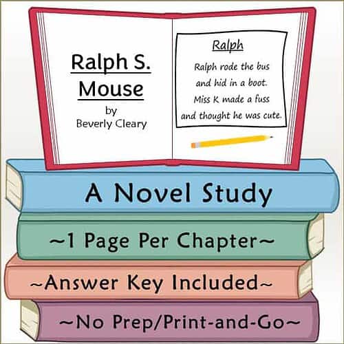 Homeschool Resource Co. Book Cover Educational book cover for 'Ralph S. Mouse' by Beverly Cleary, featuring colorful stacked books and a handwritten note about the story.