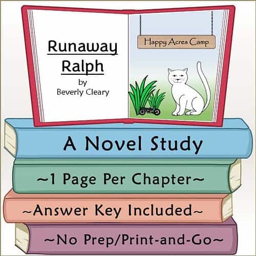Colorful illustrated book cover for 'Runaway Ralph' by Beverly Cleary, featuring a white cat, green grass, and a sign for Happy Acres Camp.