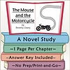 The Mouse and the Motorcyle Book Cover Book cover for 'The Mouse and the Motorcyle' by Beverly Cleary, featuring an open book with a motorcycle illustration and study notes.