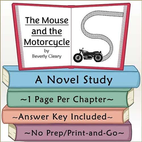 Book cover for 'The Mouse and the Motorcyle' by Beverly Cleary, featuring an open book with a motorcycle illustration and study notes.