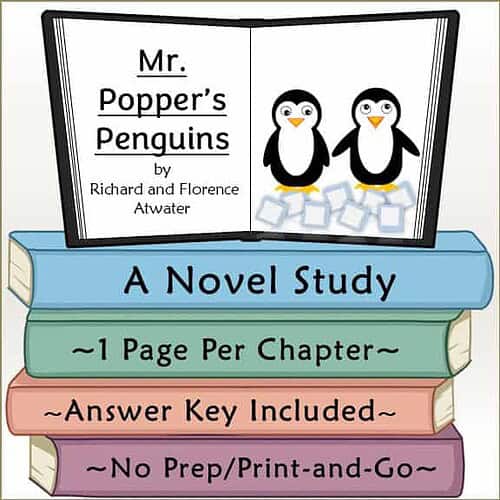 Illustration of the book cover for Mr. Popper's Penguins by Richard and Florence Atwater, featuring two cartoon penguins and colorful book spines.
