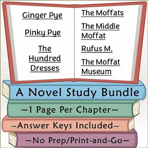 Image of a study bundle featuring classic novels like Ginger Pye, Pinky Pye, and The Hundred Dresses, with a focus on homeschool curriculum resources.