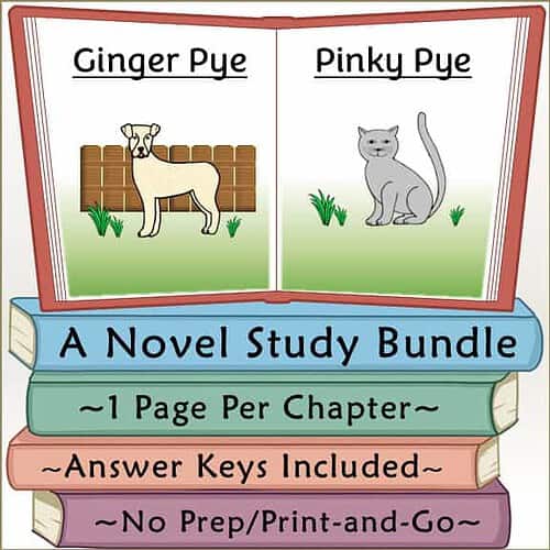 Illustration of Ginger Pye and Pinky Pye from a homeschool study bundle, featuring a dog and a cat with colorful book spines.