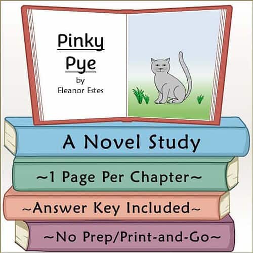 Homeschool Resource Co. Book Cover Illustration of a children's book titled Pinky Pye by Eleanor Estes with a gray cat on the right page and colorful stacked books below.