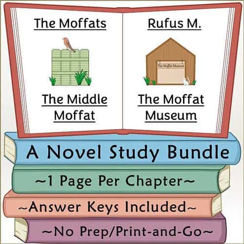 Educational image showing book chapters about The Moffats, Rufus M., The Middle Moffat, and The Moffat Museum for homeschool learning.