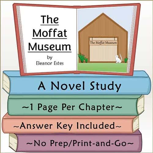 Book cover for 'The Moffat Museum' by Eleanor Estes, featuring an open book with a museum illustration and colorful chapter tabs.