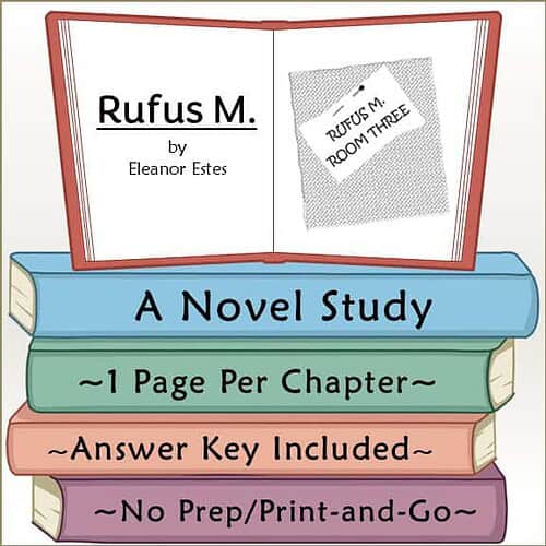Colorful illustrated book cover for 'Rufus M.' by Eleanor Estes, featuring a stack of books and a book open to the title page.