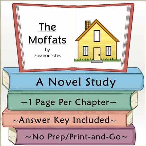 Illustration of a homeschool book titled "The Moffats" by Eleanor Estes, featuring a yellow house and colorful stacked books.