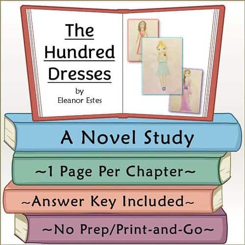 Homeschool Resource Co. Book Cover Book cover for 'The Hundred Dresses' by Eleanor Estes, featuring illustrations of dresses and a classroom setting, ideal for homeschooling resources.