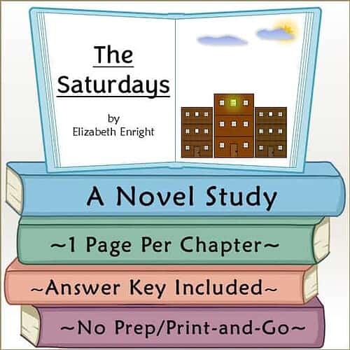 Illustration of a book cover for 'The Saturdays' by Elizabeth Enright, featuring a cityscape with buildings, clouds, and a sun.