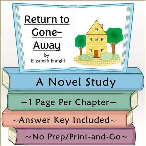 Book cover for 'Return to Gone-Away' by Elizabeth Enright featuring a yellow house and trees, with colorful book spines below.