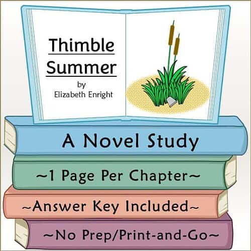 Cover of Thimble Summer by Elizabeth Enright featuring a book with a pond scene and cattails.