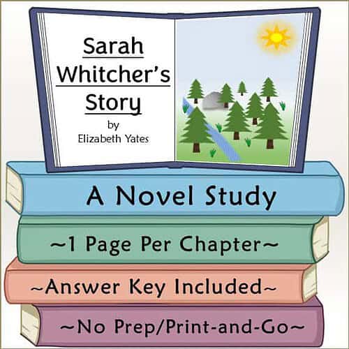 Children's educational book cover titled 'Sarah Whitcher's Story' by Elizabeth Yates, featuring a colorful illustration of a forest scene with a river and sun.