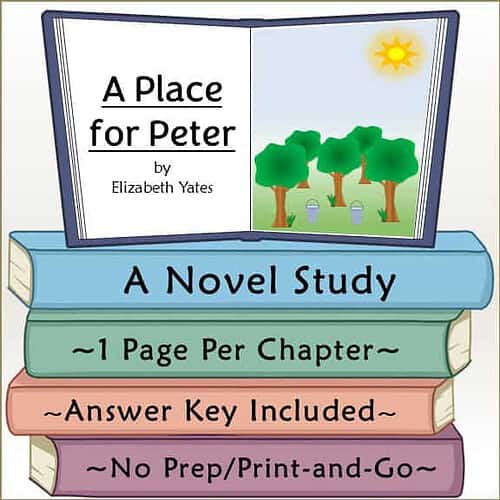 Children's book cover titled "A Place for Peter" by Elizabeth Yates, featuring an open book with a scene of trees and a sunny sky, and colorful stacked books with study details.