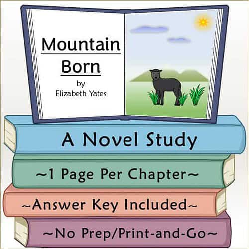 Cover of 'Mountain Born' by Elizabeth Yates, featuring a mountain landscape with a black sheep, blue sky, and sun, for homeschooling science studies.