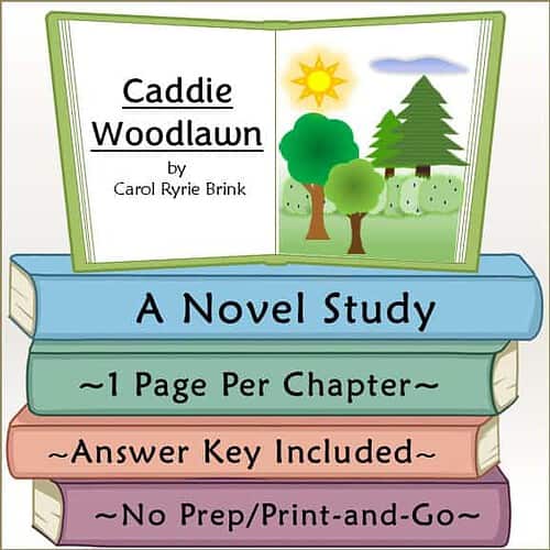 Cover of Caddie Woodlawn novel study with trees, sun, and clouds illustration, including study details and answer key.