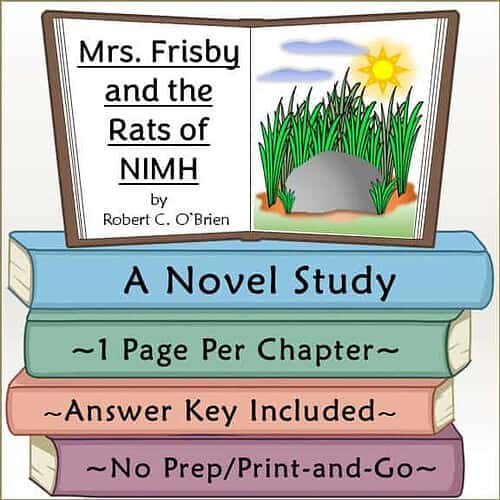 Illustration of the book cover for Mrs. Frisby and the Rats of NIMH by Robert C. O'Brien, featuring a garden scene with a rock, grass, and a sunny sky.