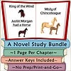 Homeschool Literature Study Guide Open book with colorful pages displaying a literature study guide for homeschool students, featuring book titles and illustrations of horses.