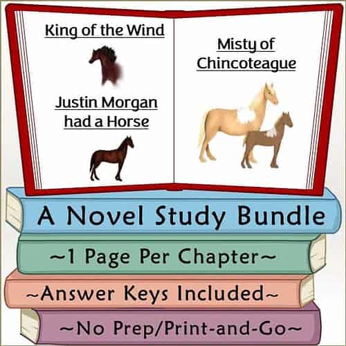 Open book with colorful pages displaying a literature study guide for homeschool students, featuring book titles and illustrations of horses.
