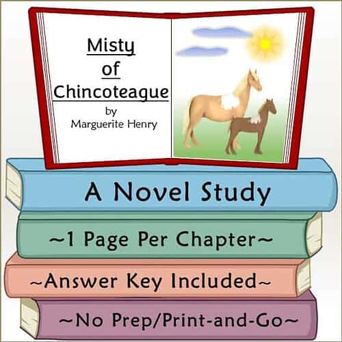 Cover of Misty of Chincoteague by Marguerite Henry featuring two horses under a sky with clouds and sun.