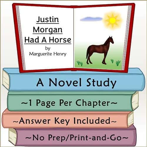 Homeschool Reading Book Cover Children's educational book cover titled "Justin Morgan Had A Horse" by Marguerite Henry, featuring a horse illustration and colorful book stack.