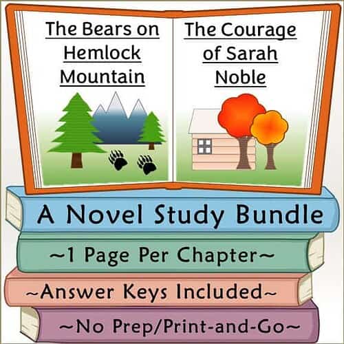 Educational book cover featuring two chapters: 'The Bears on Hemlock Mountain' with mountain and bear illustrations, and 'The Courage of Sarah Noble' with a house and trees, promoting homeschool study.