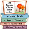 Homeschool Resource Co. Book Cover Cover of 'The Courage of Sarah Noble' by Alice Dalgliesh, featuring a book open to a page with trees and a house illustration, and stacked colorful books below.