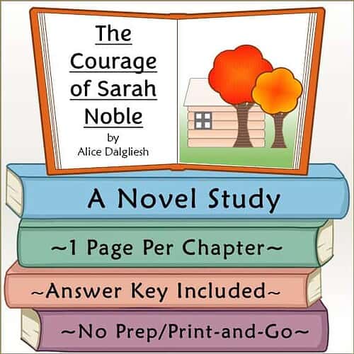 Cover of 'The Courage of Sarah Noble' by Alice Dalgliesh, featuring a book open to a page with trees and a house illustration, and stacked colorful books below.