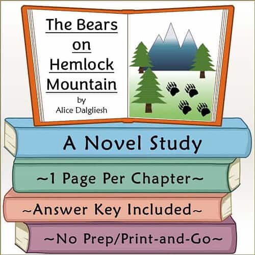 Illustration of a children's book titled 'The Bears on Hemlock Mountain' by Alice Dalgliesh, featuring mountains, trees, and bear paw prints.