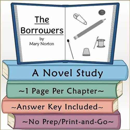 Homeschool Resource Co. Book Cover Educational book cover for 'The Borrowers' by Mary Norton, featuring a blue book with study details and sewing tools illustration.