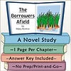 The Borrowers' Afield Book Cover Illustration of a book cover for 'The Borrowers Afield' by Mary Norton, featuring a stack of books and a page with grass and pots.