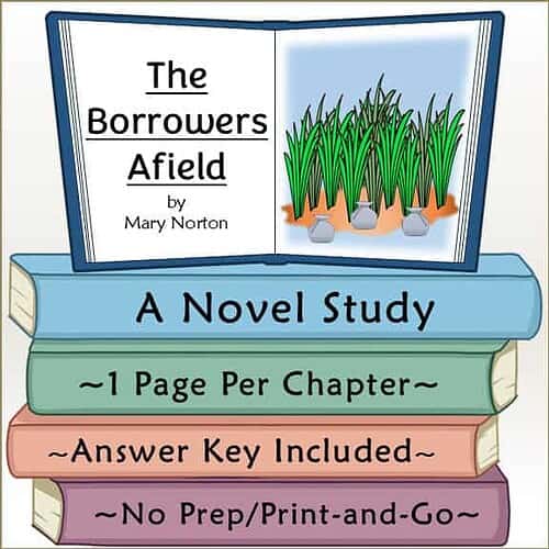 Illustration of a book cover for 'The Borrowers Afield' by Mary Norton, featuring a stack of books and a page with grass and pots.