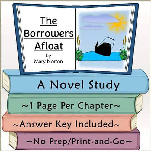 The Borrowers Afloat Book Cover Children's educational book cover for 'The Borrowers Afloat' by Mary Norton, featuring a boat floating on water with a sunny sky, designed for homeschool learning.