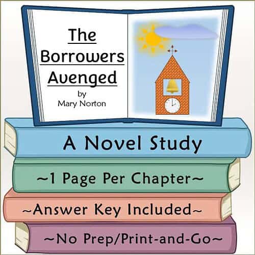 Children's book cover for The Borrowers Avenged by Mary Norton, featuring a clock tower with a sun and cloud, and colorful stacked books.