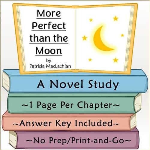 Homeschool Resource Co. Book Cover Book cover for 'More Perfect than the Moon' by Patricia MacLachlan, featuring a yellow moon and stars on an open book background.
