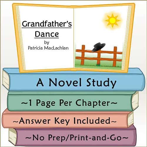 Colorful illustrated book cover for 'Grandfather's Dance' by Patricia MacLachlan, featuring a sunny sky, a hat on a fence, and stacked books with study details.