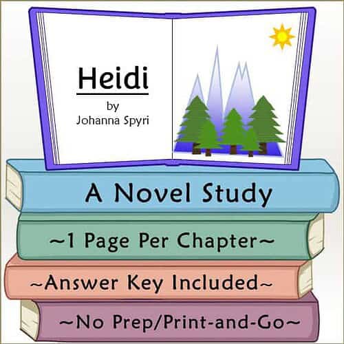 Colorful illustrated book cover for Heidi novel study by Johanna Spyri, featuring mountains, trees, and a sun, with study details.