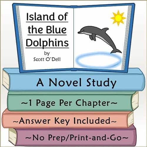 Cover of the book 'Island of the Blue Dolphins' by Scott O'Dell featuring a dolphin jumping out of the water with a sun in the background.