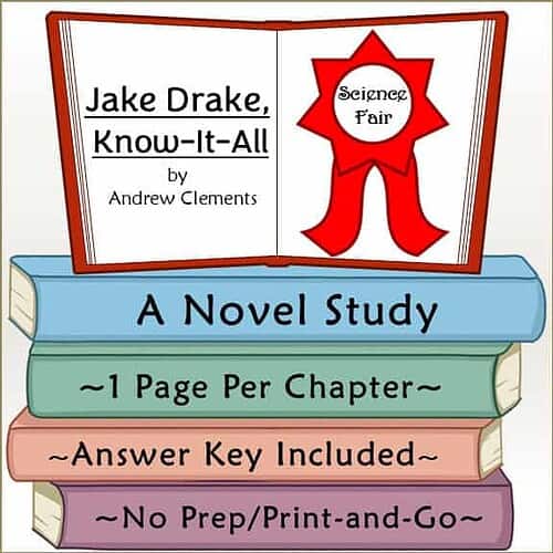 Colorful book cover for 'Jake Drake, Know-It-All' by Andrew Clements, featuring a science fair theme with a red ribbon and stacked books.