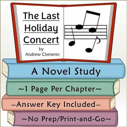 Book cover for 'The Last Holiday Concert' by Andrew Clements, featuring musical notes and a colorful stack of books for homeschool study.