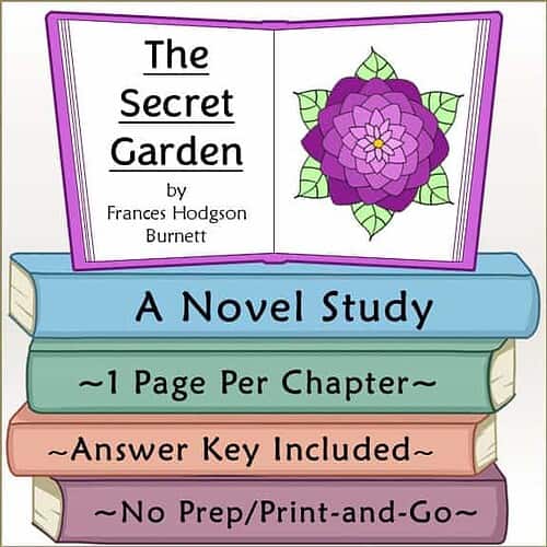 Cover of The Secret Garden by Frances Hodgson Burnett, featuring a purple flower illustration and colorful book stack for homeschool study.