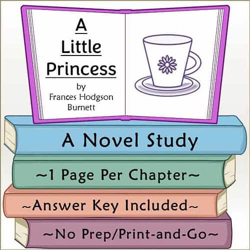 Homeschool Resource Co. Book Cover Cover of 'A Little Princess' by Frances Hodgson Burnett with colorful stacked books and a tea cup illustration.