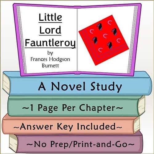 Book cover for Little Lord Fauntleroy by Frances Hodgson Burnett, featuring a red background with black and white illustrations, open to show the title and author.