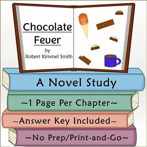 Illustration of a book cover titled Chocolate Fever by Robert Kimmel Smith with images of chocolate and ice cream.