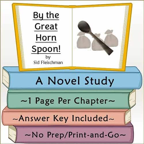 Cover of 'By the Great Horn Spoon!' by Sid Fleischman, featuring a book with a spoon and bags on a white background.